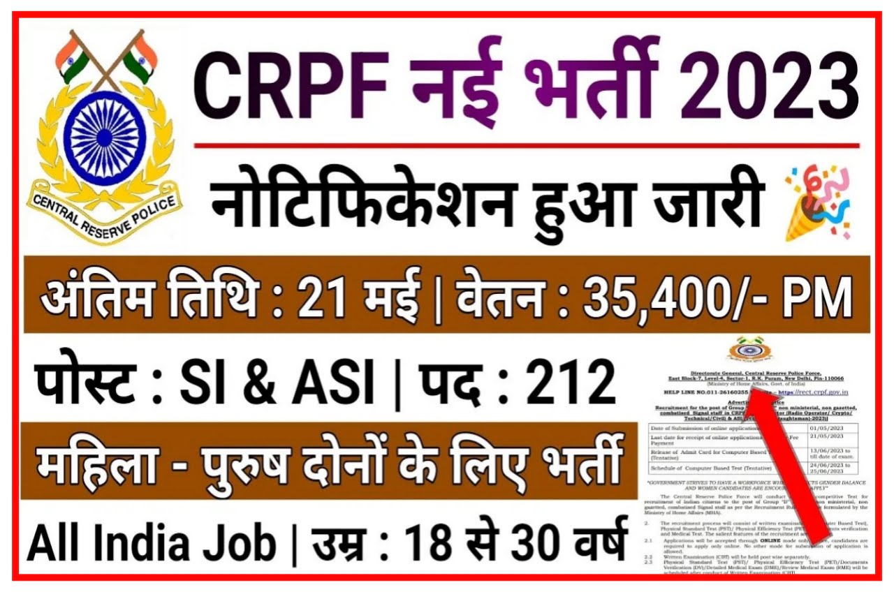 CRPF Sub Inspector Recruitment 2023 : सीआरपीएफ में सब इंस्पेक्टर और असिस्टेंट सब इंस्पेक्टर के पदों पर निकली भर्ती
